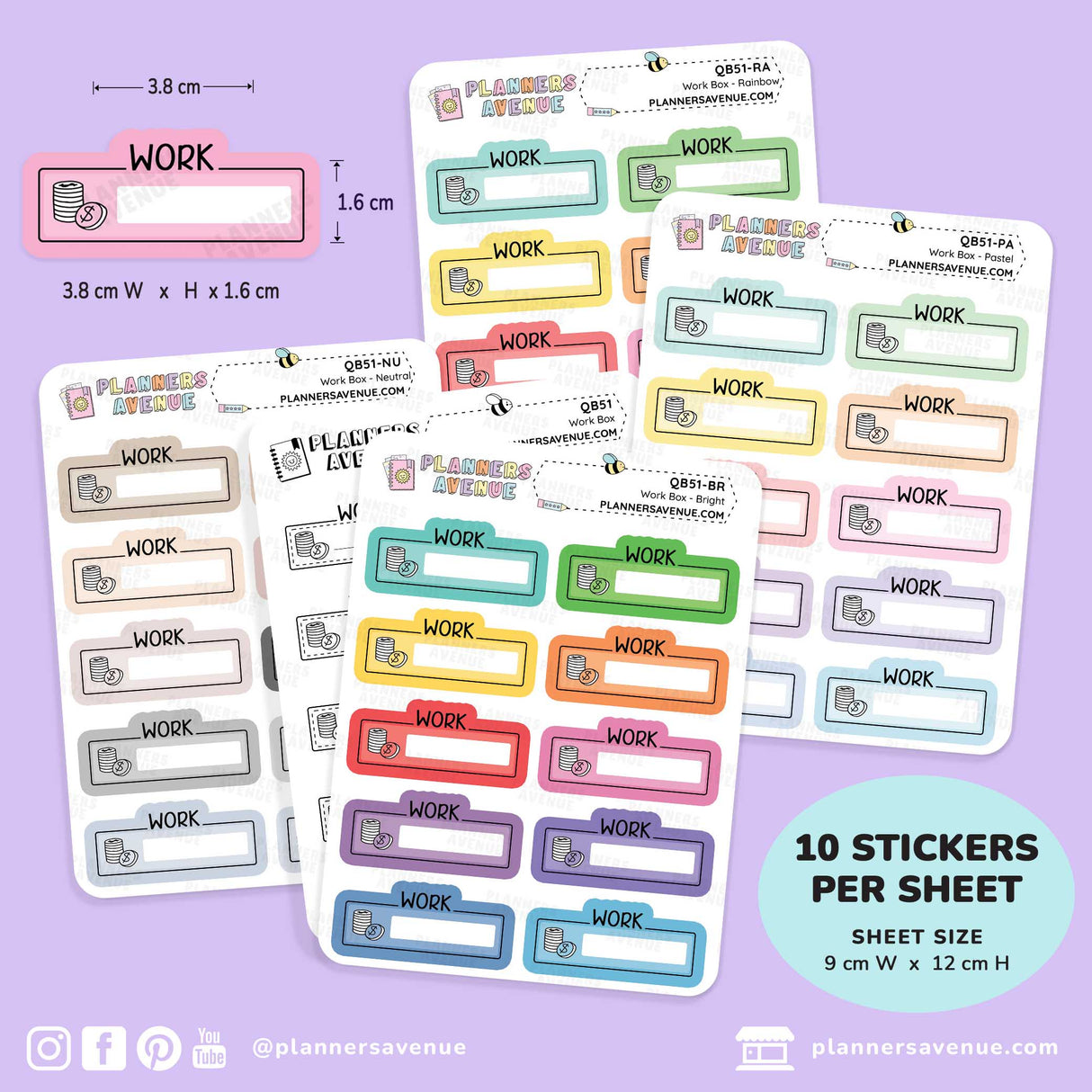 Five sheets of planner stickers labeled 'WORK' in different colors, arranged on a light purple background with size and quantity callouts. The planner brand 'Planners Avenue' is visible on the sheets and in the social handle watermark.