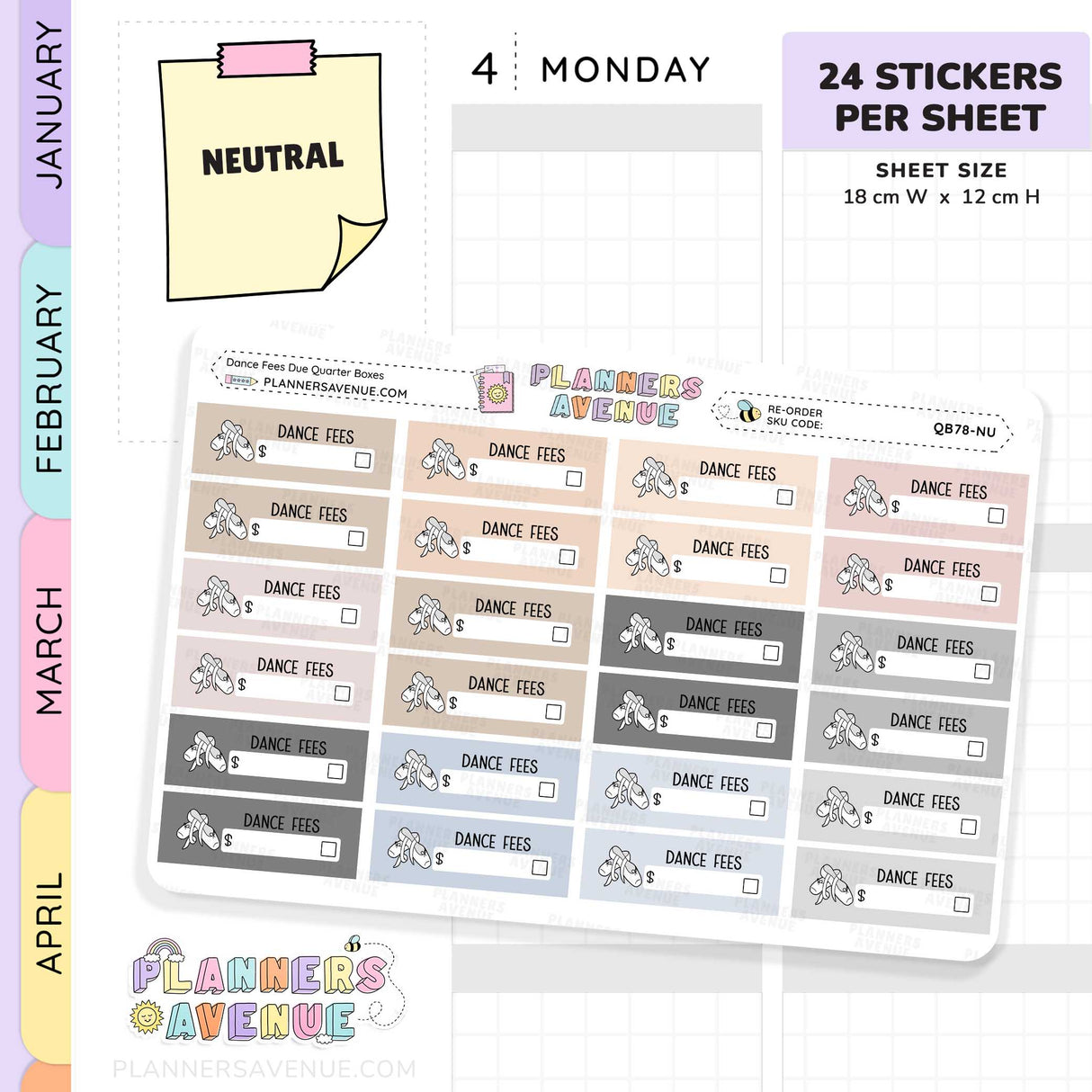 Dance Fees Due Quarter Box Stickers