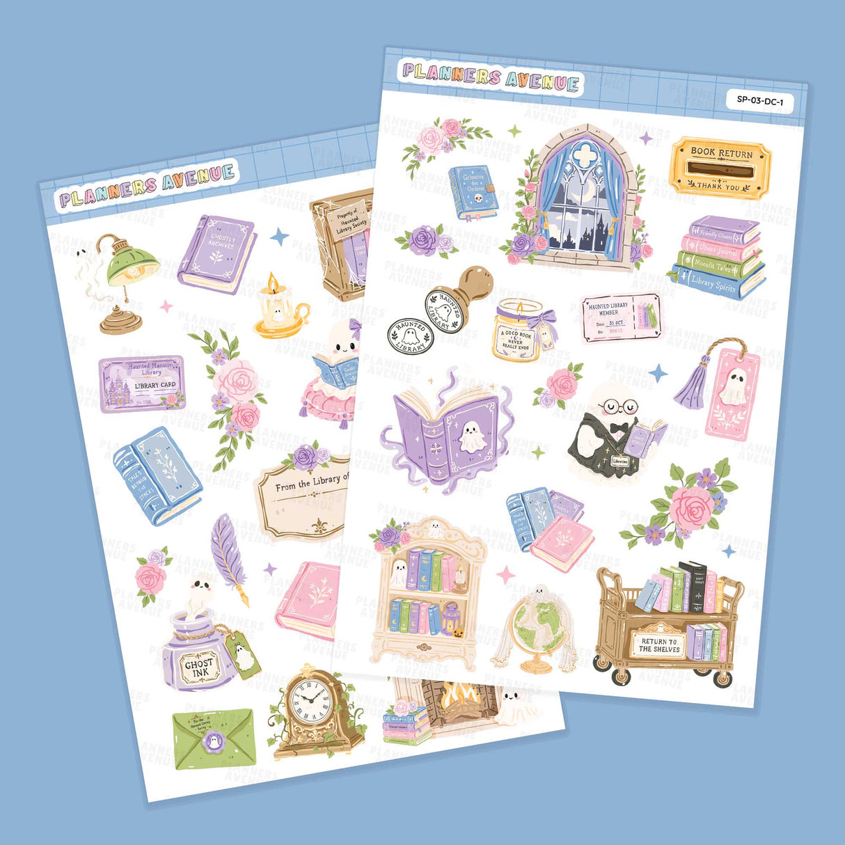 Haunted Library Decorative Stickers featuring cute, whimsical illustrations of books, clocks, flowers, and a cozy reading scene, displayed on a light blue background.