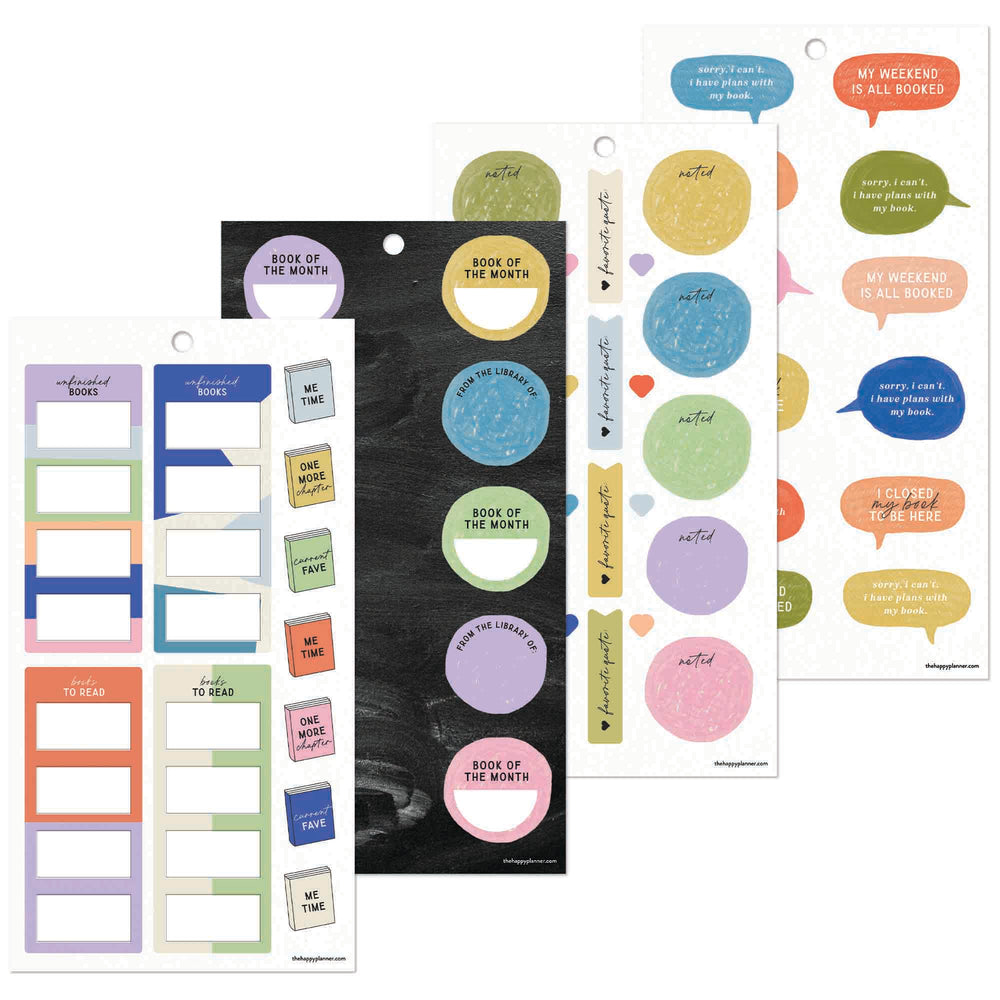 Collection of colorrful book-themed sticker sheets on a white background
