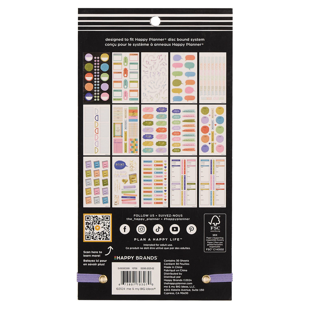 Packaging of Happy Planner stickers with colorful designs on a black background