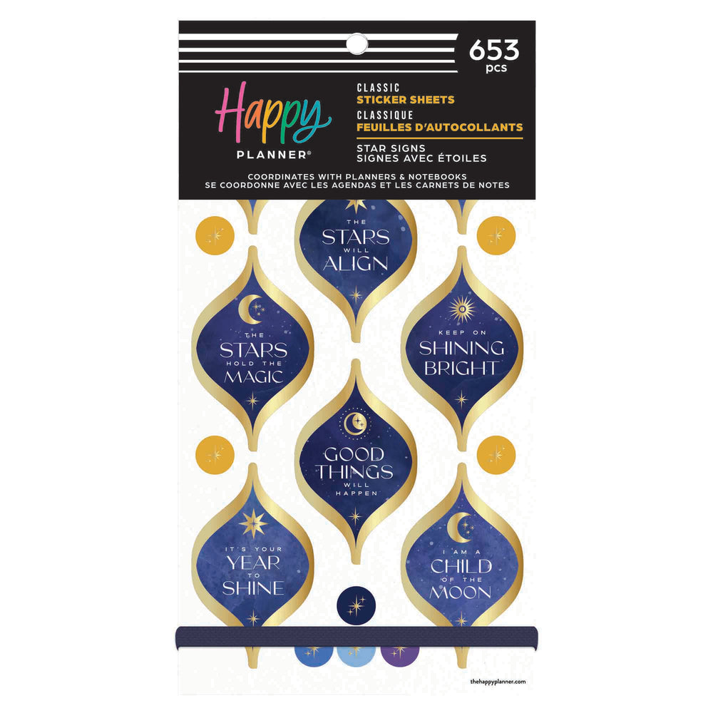 Happy Planner Star Signs Classic Sticker Book with celestial designs and text on a white background