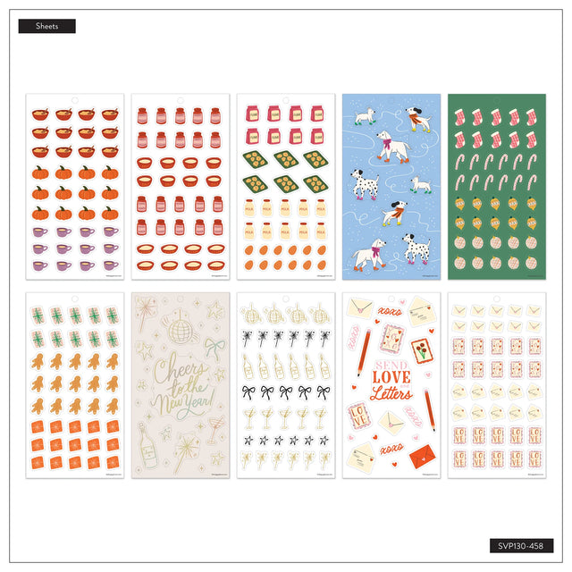 Collection of various sticker sheets with different designs on a white background