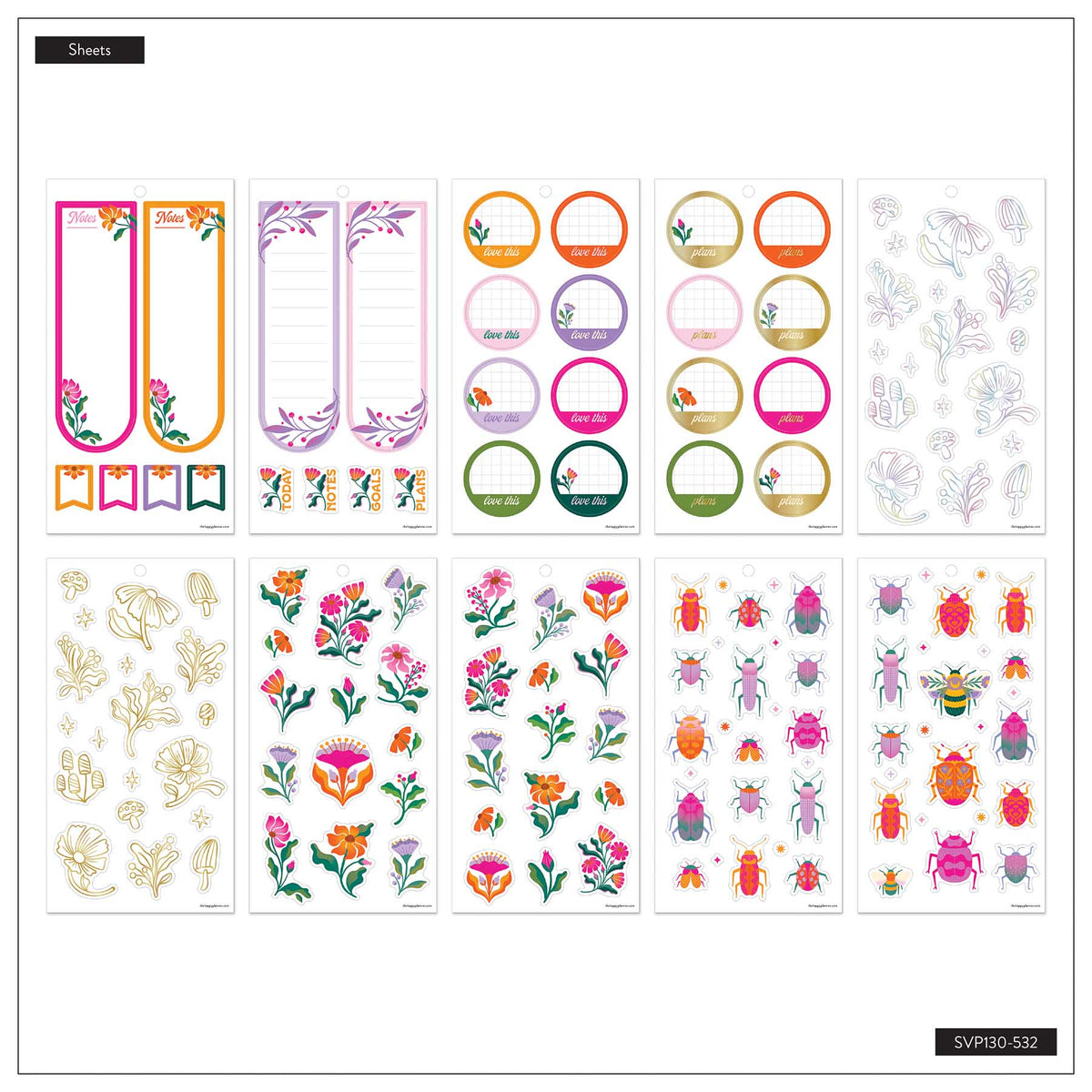 Hive & Bloom Big sticker sheets with colourful florals, insects and decorative planner labels