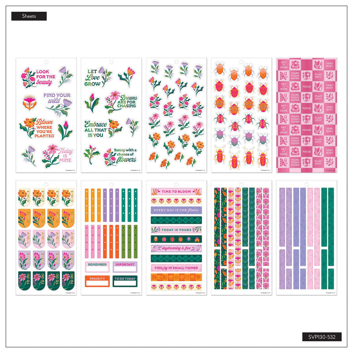 Hive & Bloom Big sticker sheets with inspirational quotes, floral designs, boxes and colourful patterns