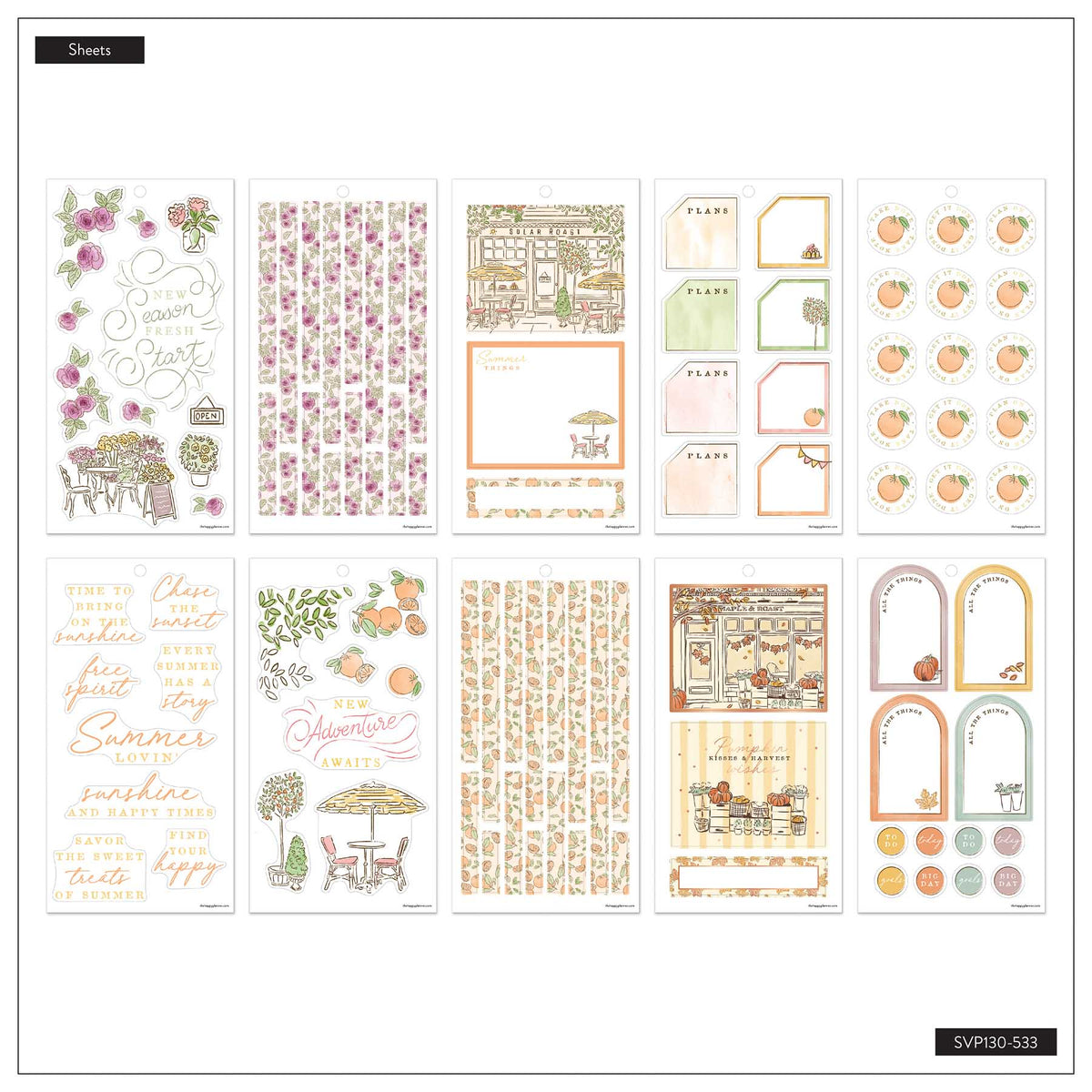 Seasonal Sidewalks Big sticker sheets with florals, café scenes and citrus designs