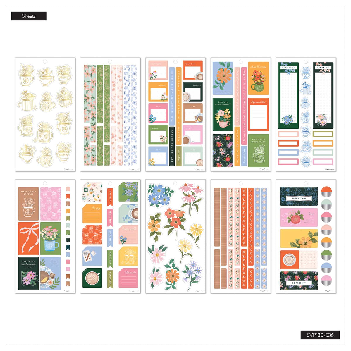 Petal Press floral sticker sheets with decorative boxes and colourful labels