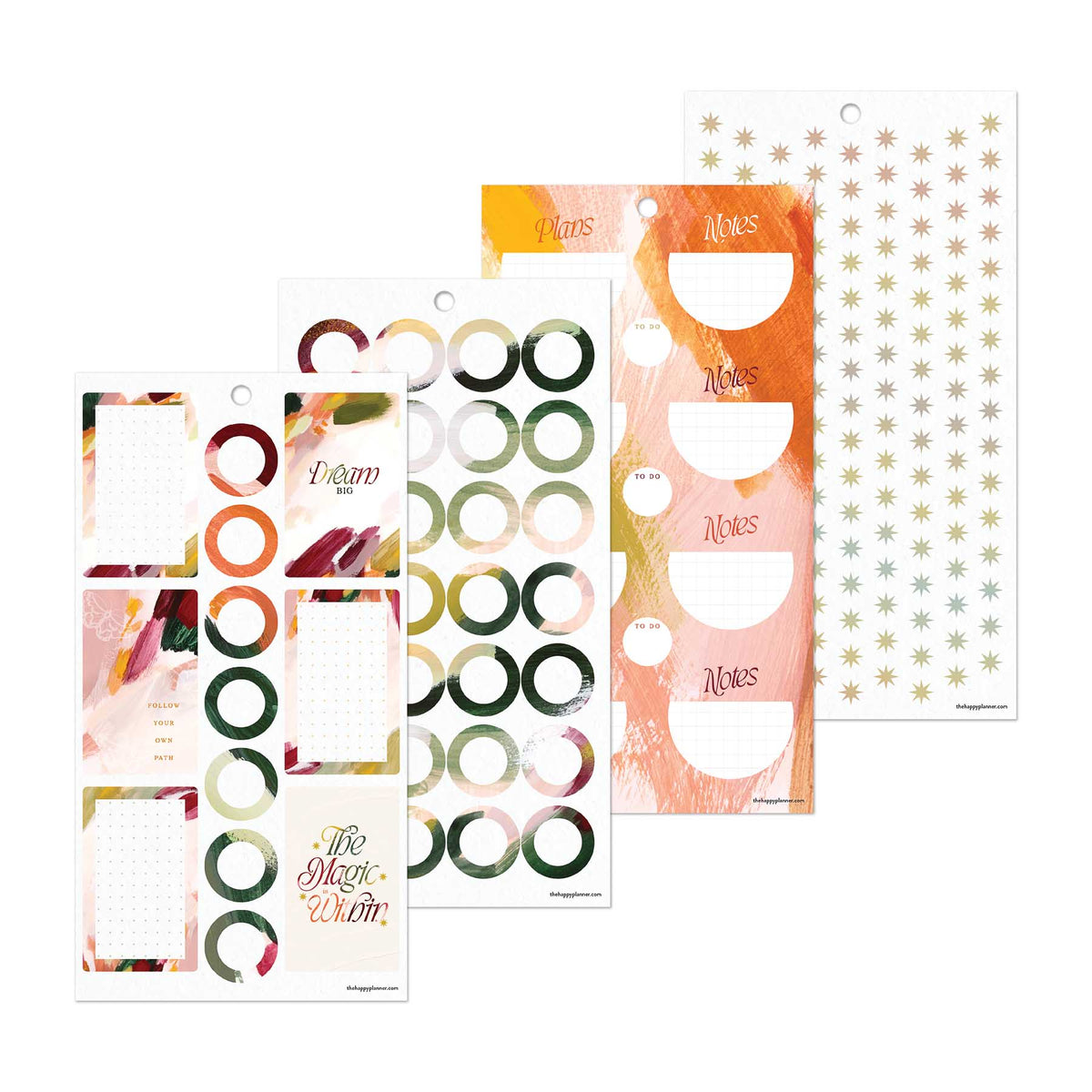 Abstract Autumn sticker sheets with colourful rings, notes and decorative boxes