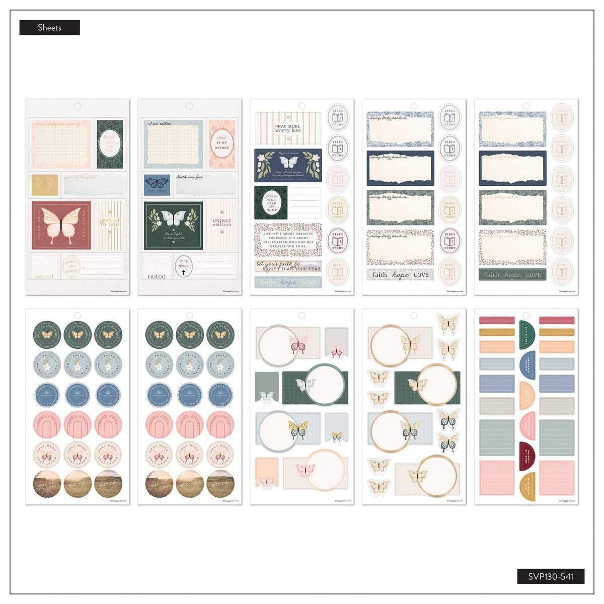 Wildflower Daydream Faith sticker sheet overview with floral memo boxes, circular icons and faith-based designs