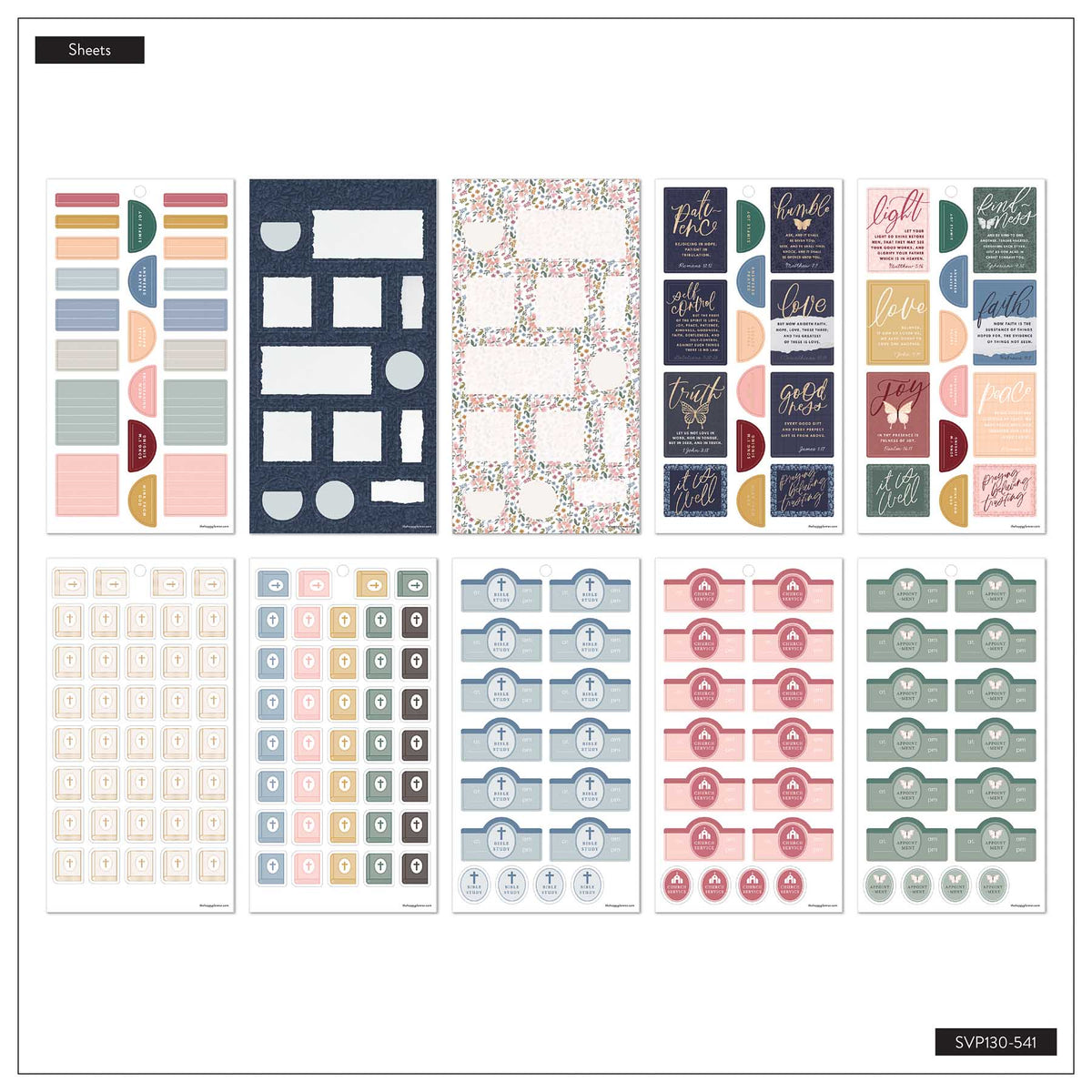 Wildflower Daydream Faith sheet overview with planning boxes, Bible icons, faith quotes and colourful labels