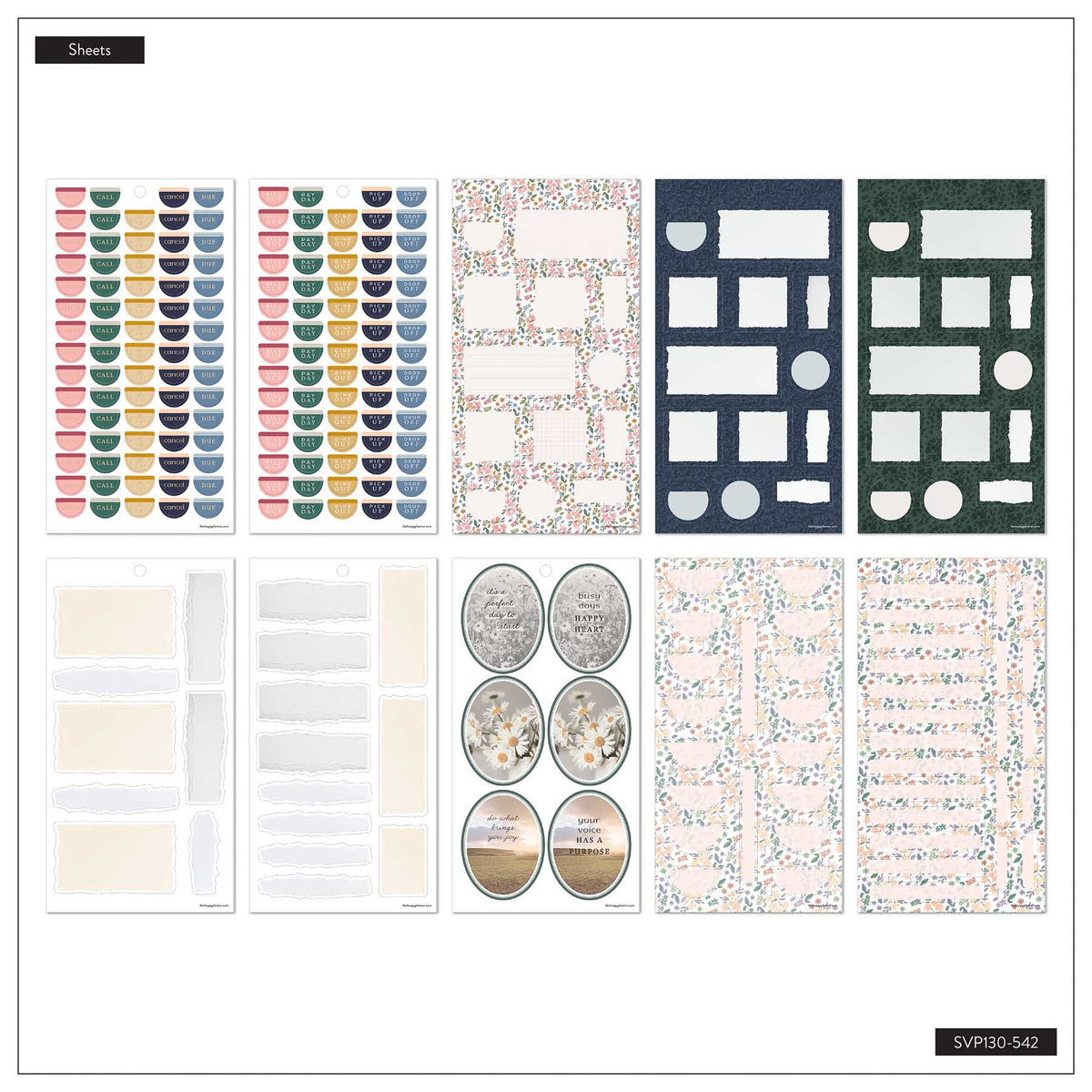 Happy Planner Wildflower Daydream sheets with small labels, planning boxes, oval designs and floral patterns