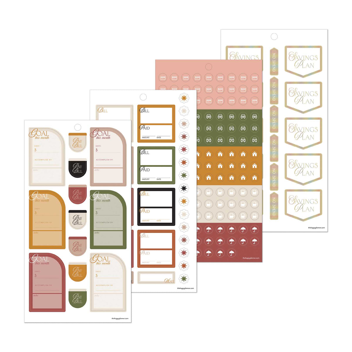 Amber & Oak Budget sticker sheets with savings labels, bill reminders, planning boxes and financial icons
