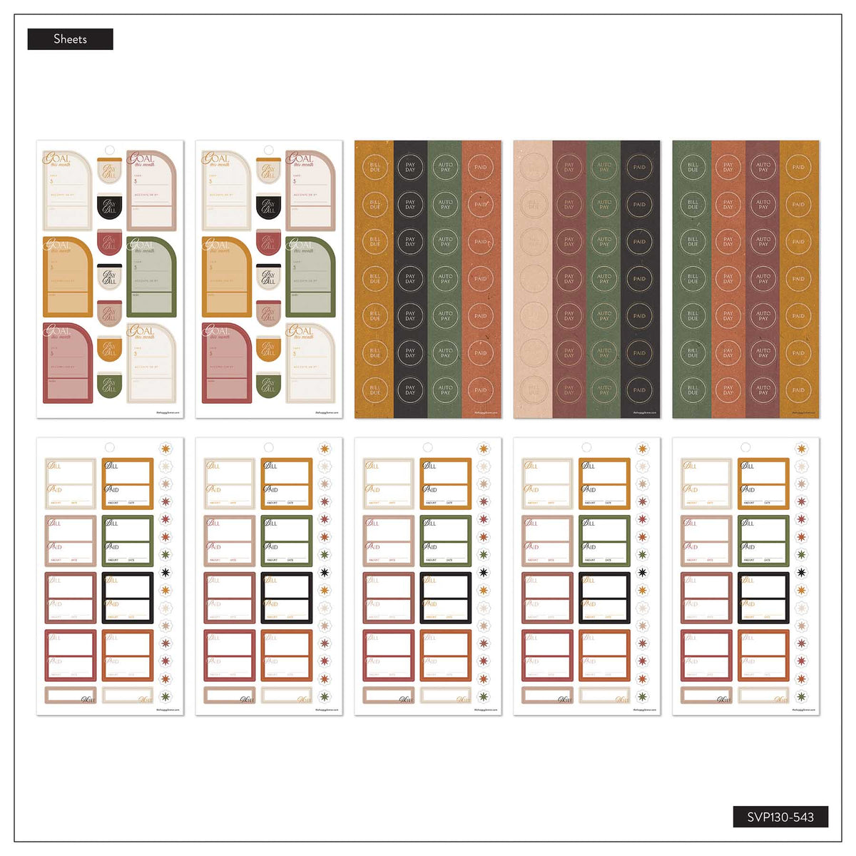Amber & Oak Budget sticker sheet overview with savings trackers, planning boxes and payment reminders