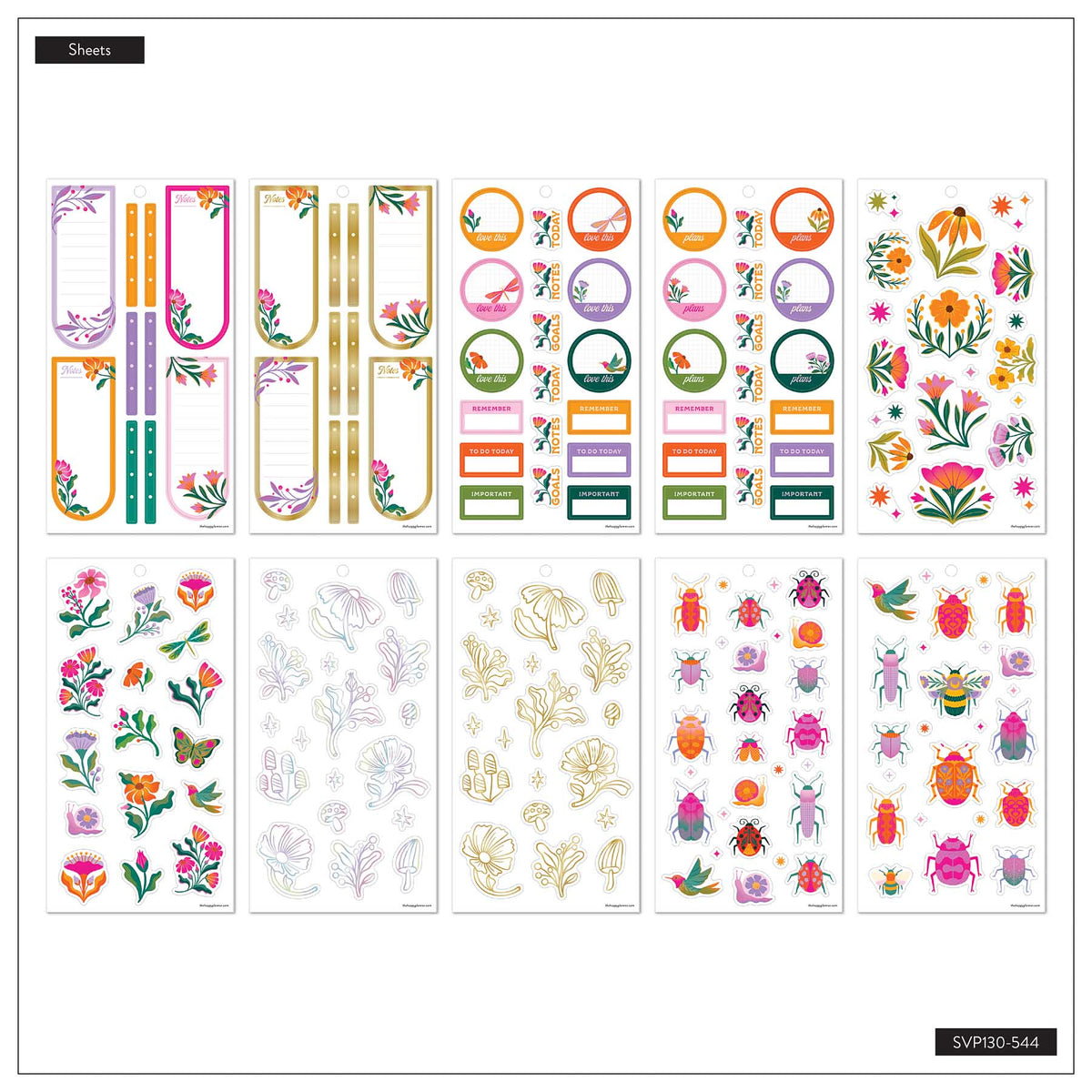 Happy Planner Hive & Bloom sticker sheets with floral labels, circular boxes, butterflies and beetles