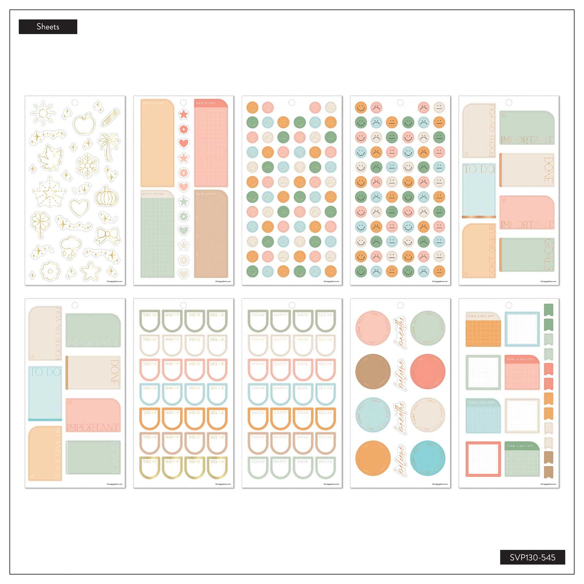 Happy Planner Hushed Hues sticker sheets with colourful dots, checklists, pastel boxes and decorative shapes