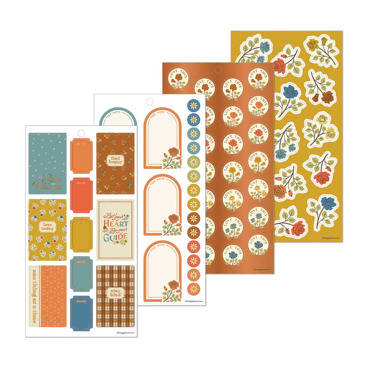 Fall Picnic sticker sheets with autumn quotes, arched labels, circular floral stickers and flower clusters