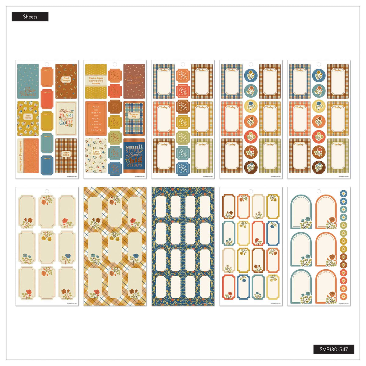 Fall Picnic sticker sheet overview with autumn quotes, colourful boxes, floral frames and plaid designs