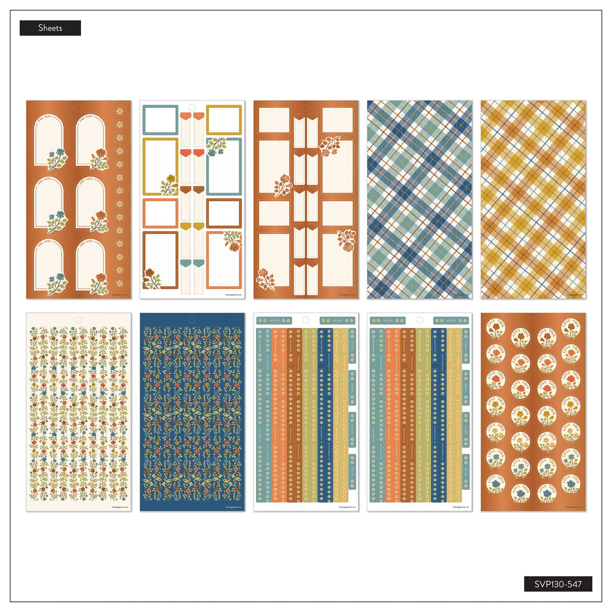 Fall Picnic sticker sheet overview with arched boxes, plaid patterns, checklists and circular floral labels
