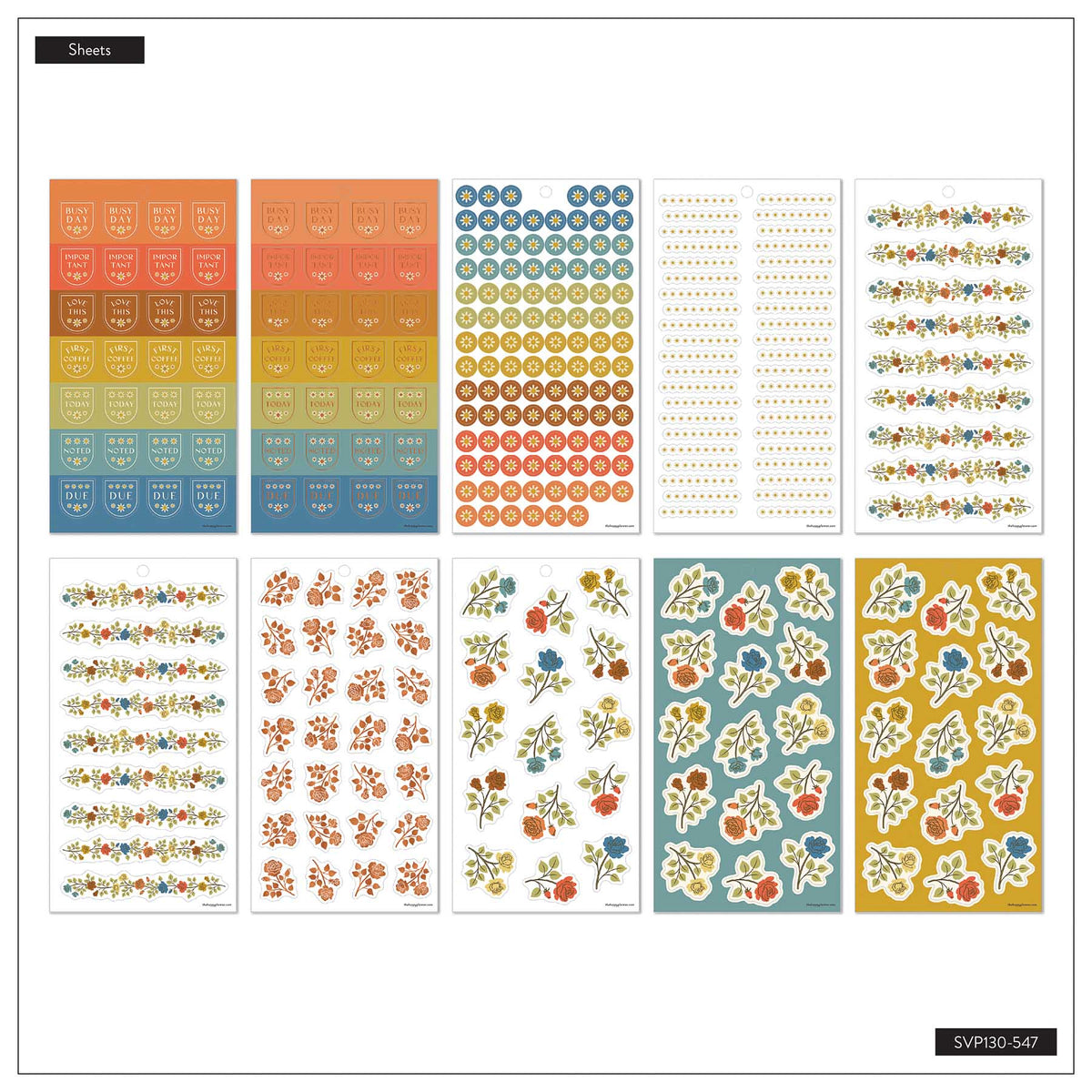 Fall Picnic sticker sheet overview with colourful planning labels, bullet points, floral borders and flower clusters