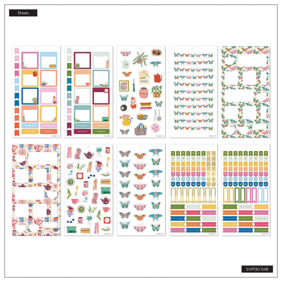Happy Planner Life In Whimsy sticker sheets with boxes, butterflies, bows and illustrated everyday scenes