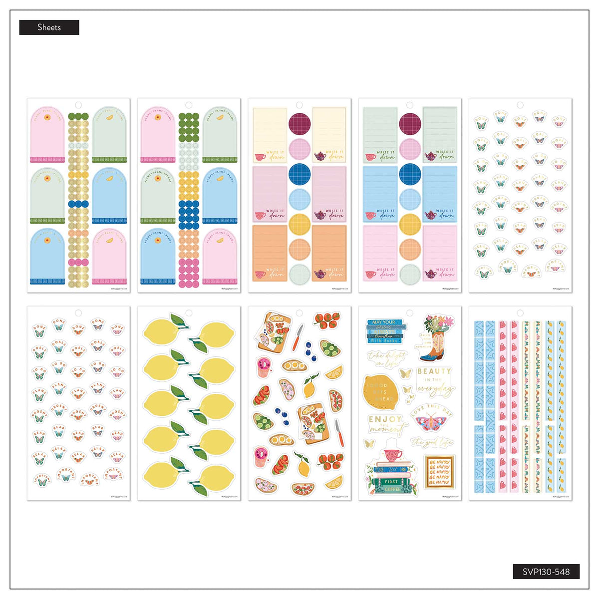 Life In Whimsy sticker sheet overview with pastel labels, teacups, lemons and decorative strips