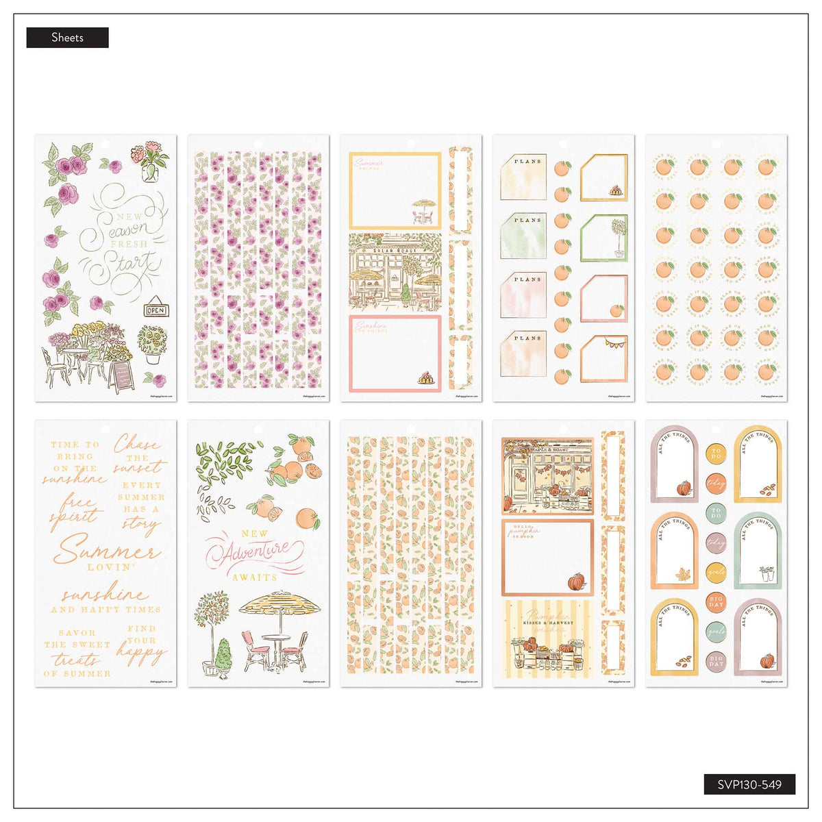 Seasonal Sidewalks sticker sheets with fruit, florals, journalling boxes and patterns