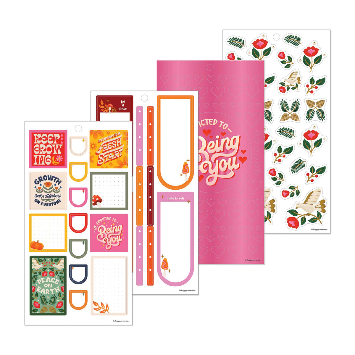 Bright Seasons sticker sheets with colourful quotes, planning labels, checklist strips and flowers