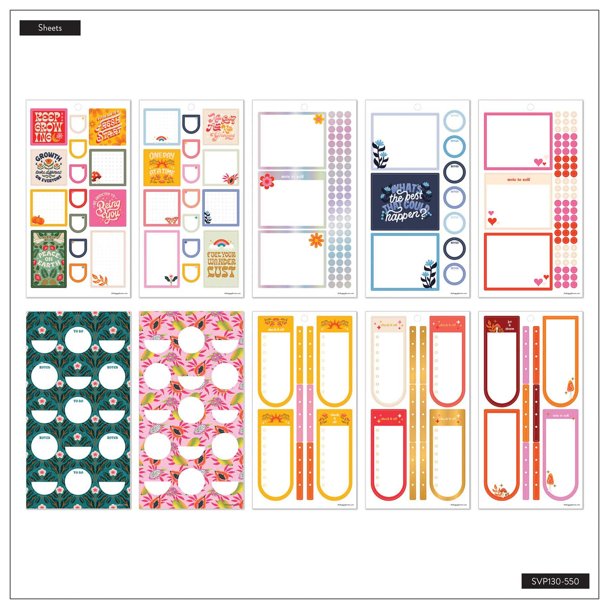 Bright Seasons sticker sheet overview with inspirational quotes, boxes, circular labels and floral patterns