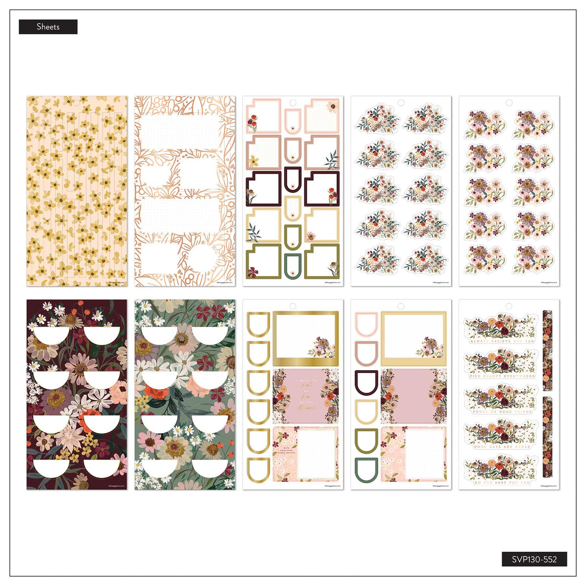 Wildflower Whimsy sticker sheet overview with floral patterns, decorative frames, boxes and flower clusters