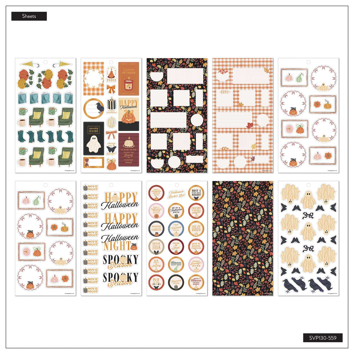 Favorite Season sticker sheet overview with Halloween sayings, ghosts, bats, seasonal labels and patterned boxes