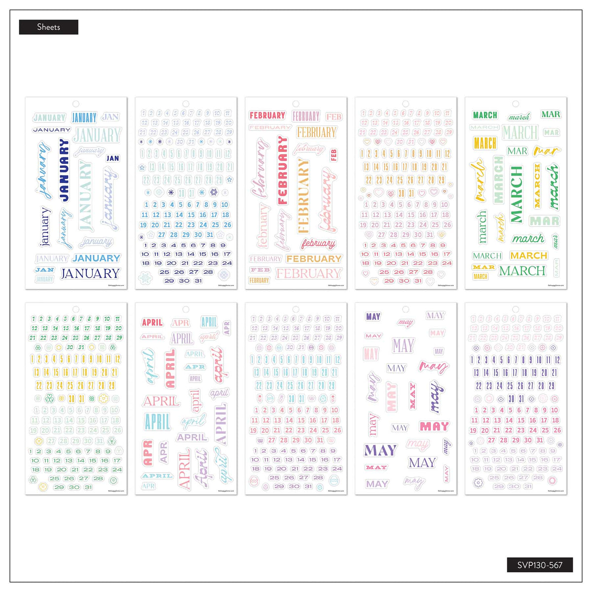 Essential Year January to May sticker sheets with pastel month names and numbered dates