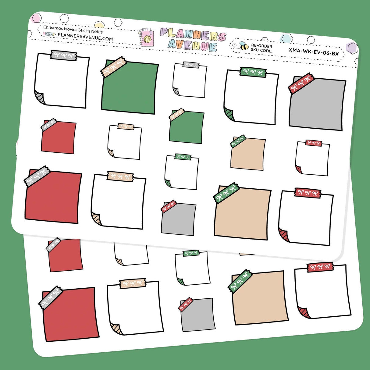 Christmas Movies Sticky Notes Planner Stickers - A sheet of planner stickers with various shapes and christmas colours on a green background