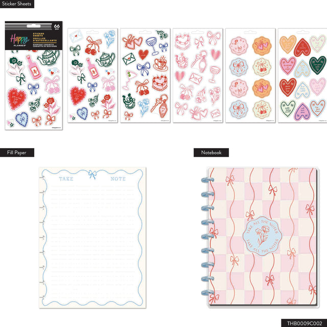 Sticker sheets and a notebook with decorative designs on a white background