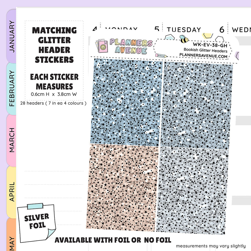 Bookish Glitter Header Planner Stickers