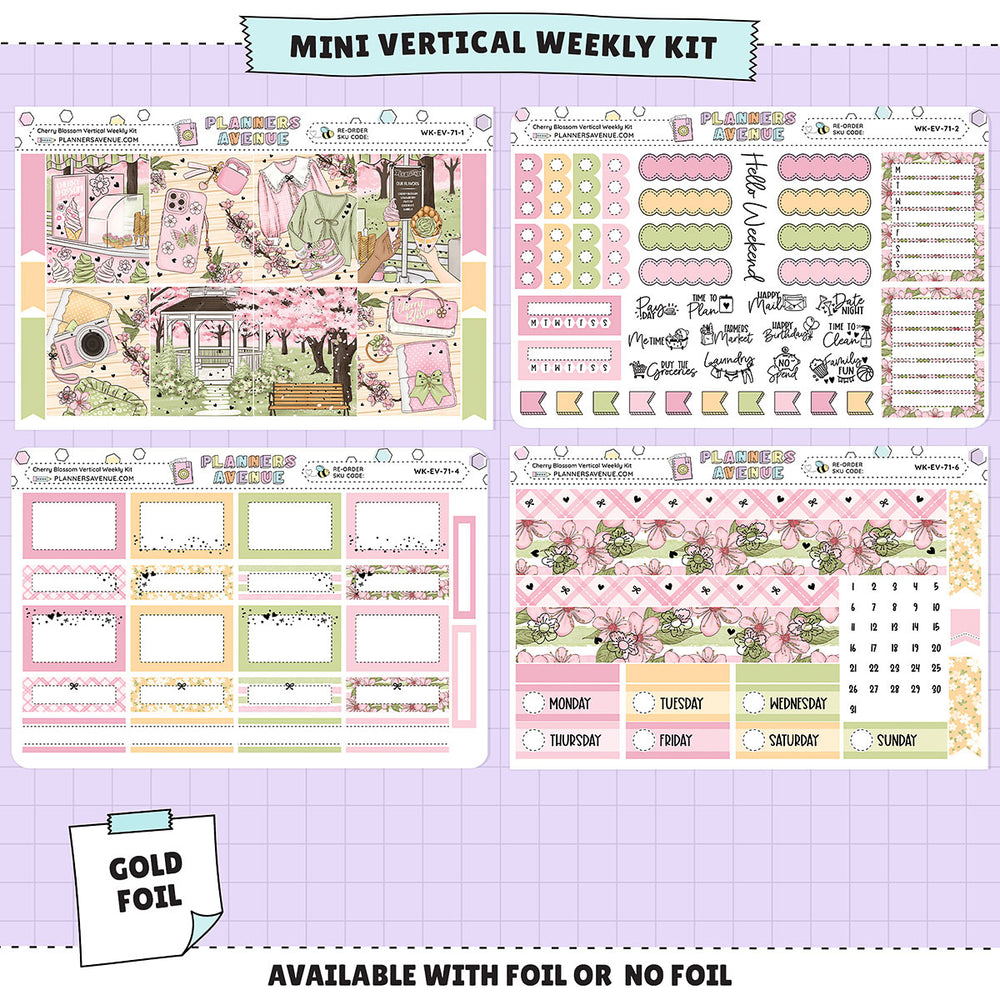 Cherry Blossoms Vertical Weekly Sticker Foiled Kit (GOLD FOIL)