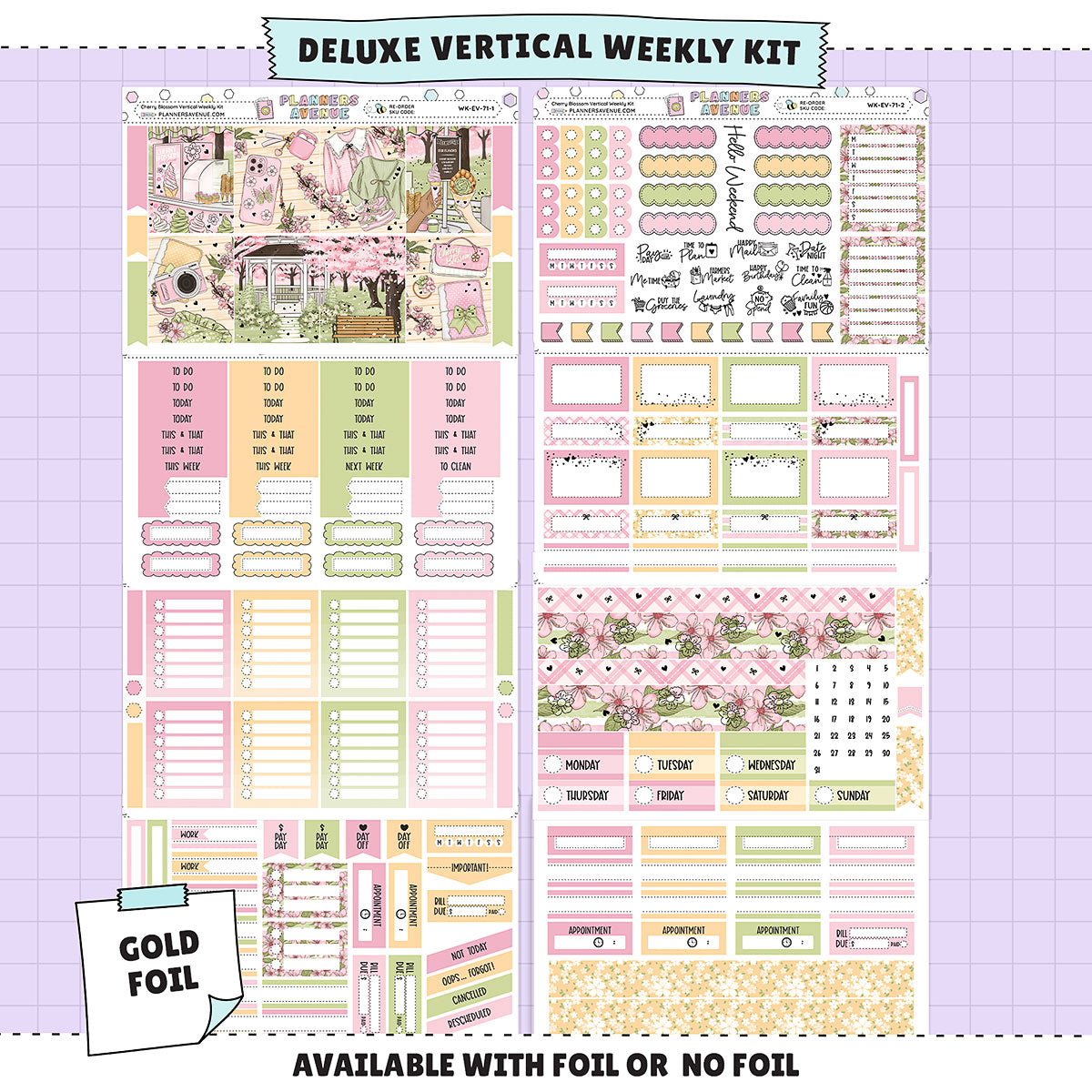 Cherry Blossoms Vertical Weekly Sticker Foiled Kit (GOLD FOIL)