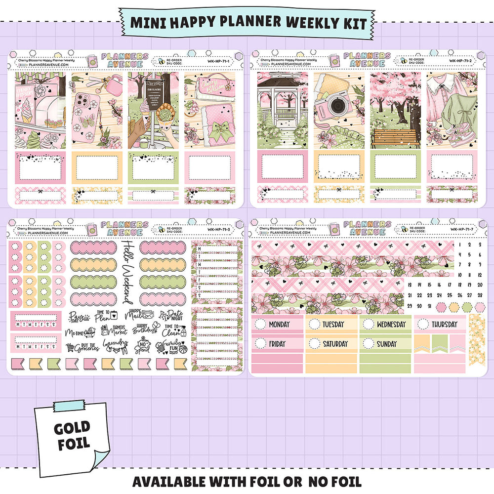 Cherry Blossoms Happy Planner Weekly Sticker Foiled Kit (GOLD FOIL)