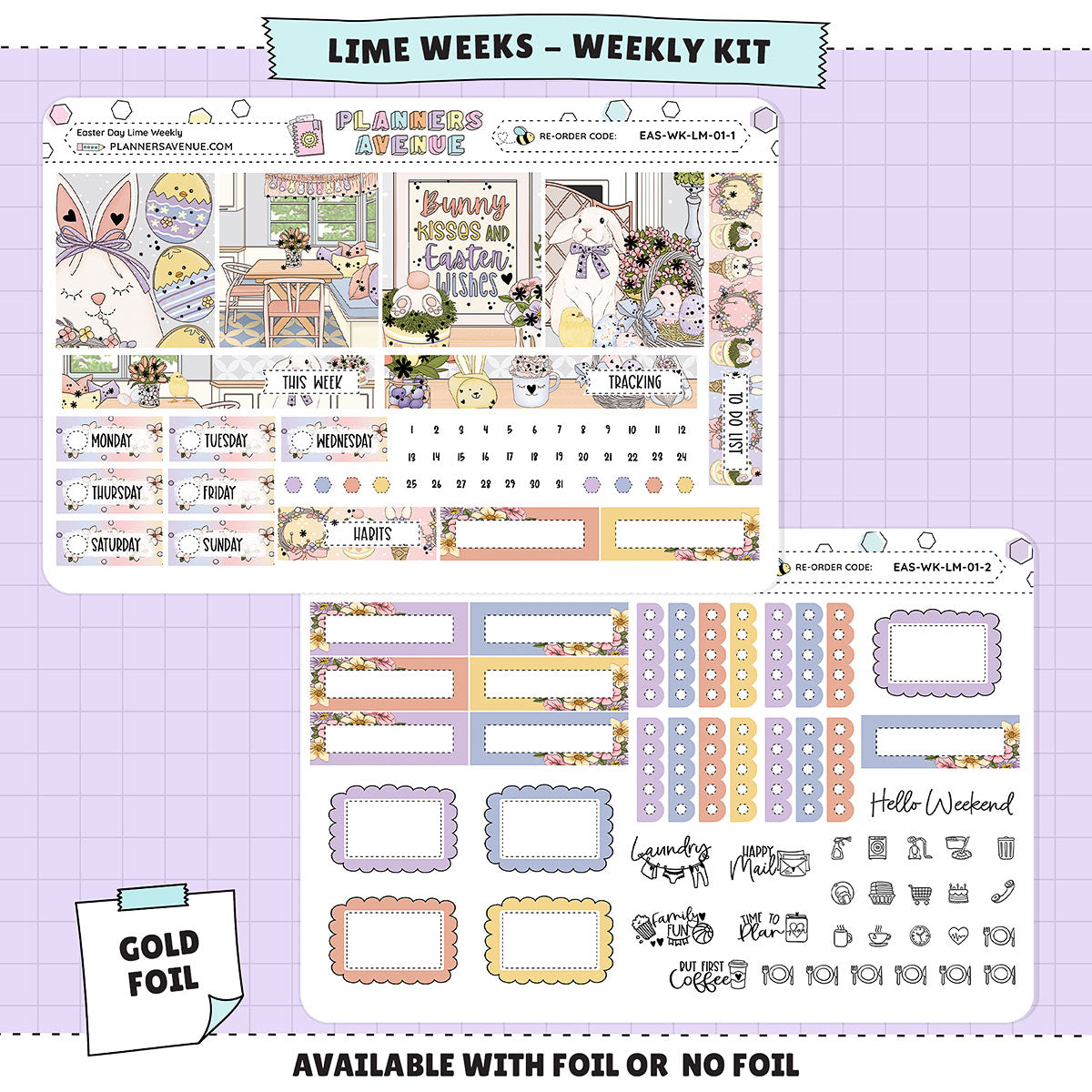Easter Day Lime Weekly Planner Sticker Foiled Kit (GOLD FOIL)