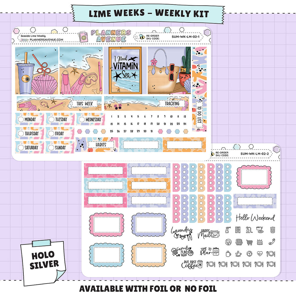 Seaside Lime Weekly Planner Sticker Foiled Kit (HOLO SILVER FOIL)