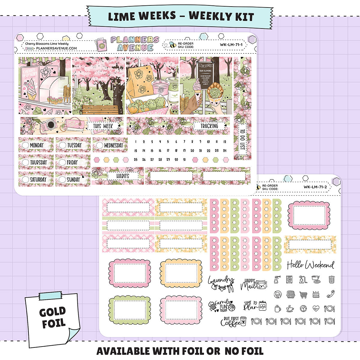 Cherry Blossoms Lime Weekly Planner Sticker Foiled Kit (GOLD FOIL)