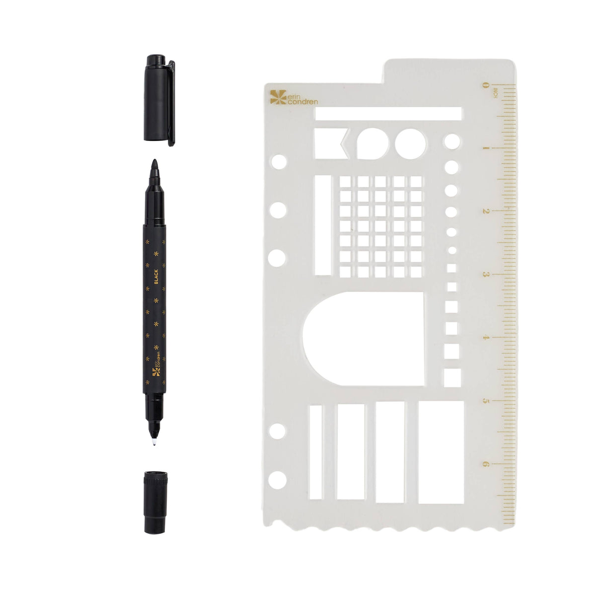 Erin Condren LifePlanner: Snap-in stencil ruler shown with a pen