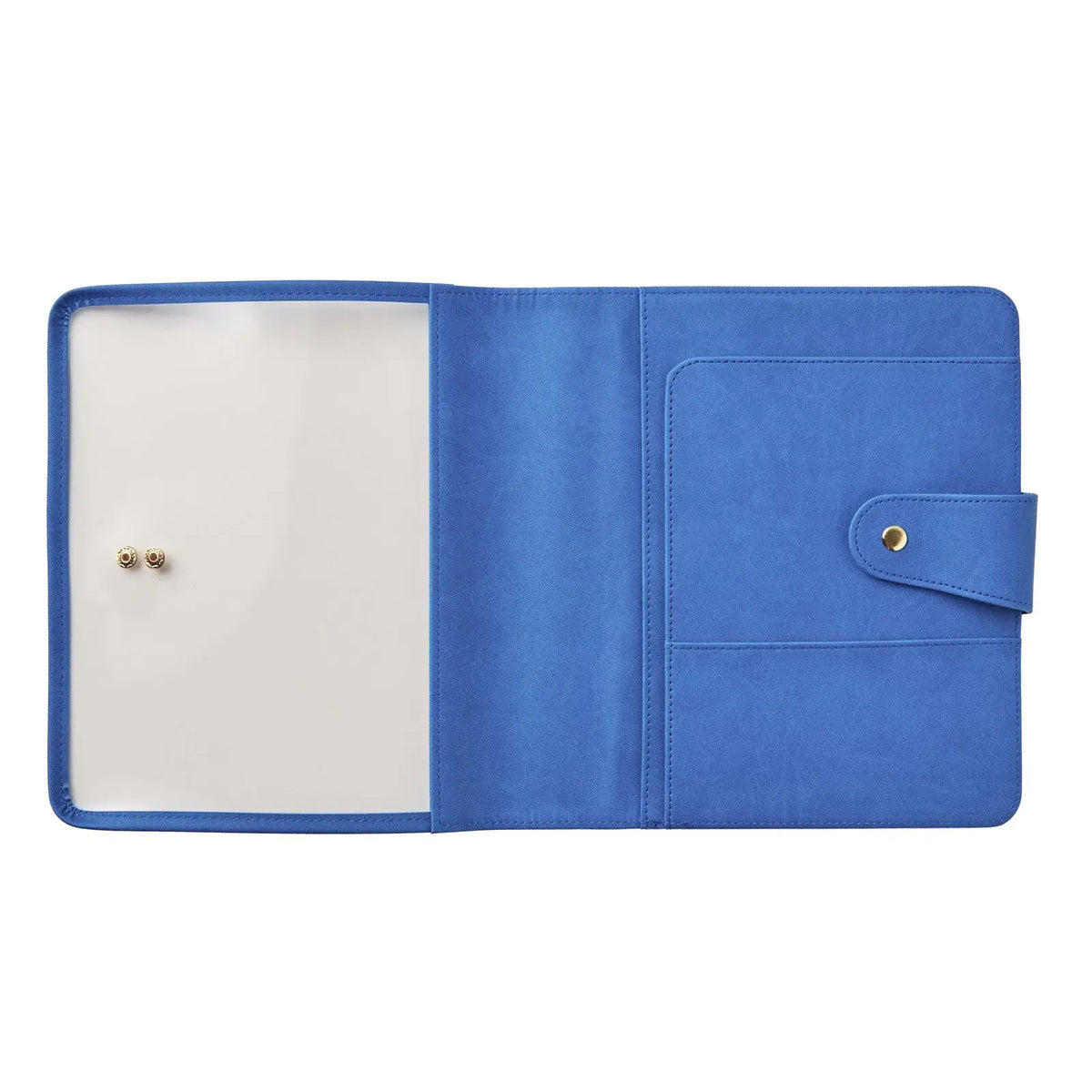 Erin Condren planner folio: Empty Royal Blue folio opened to show the clear front and interior