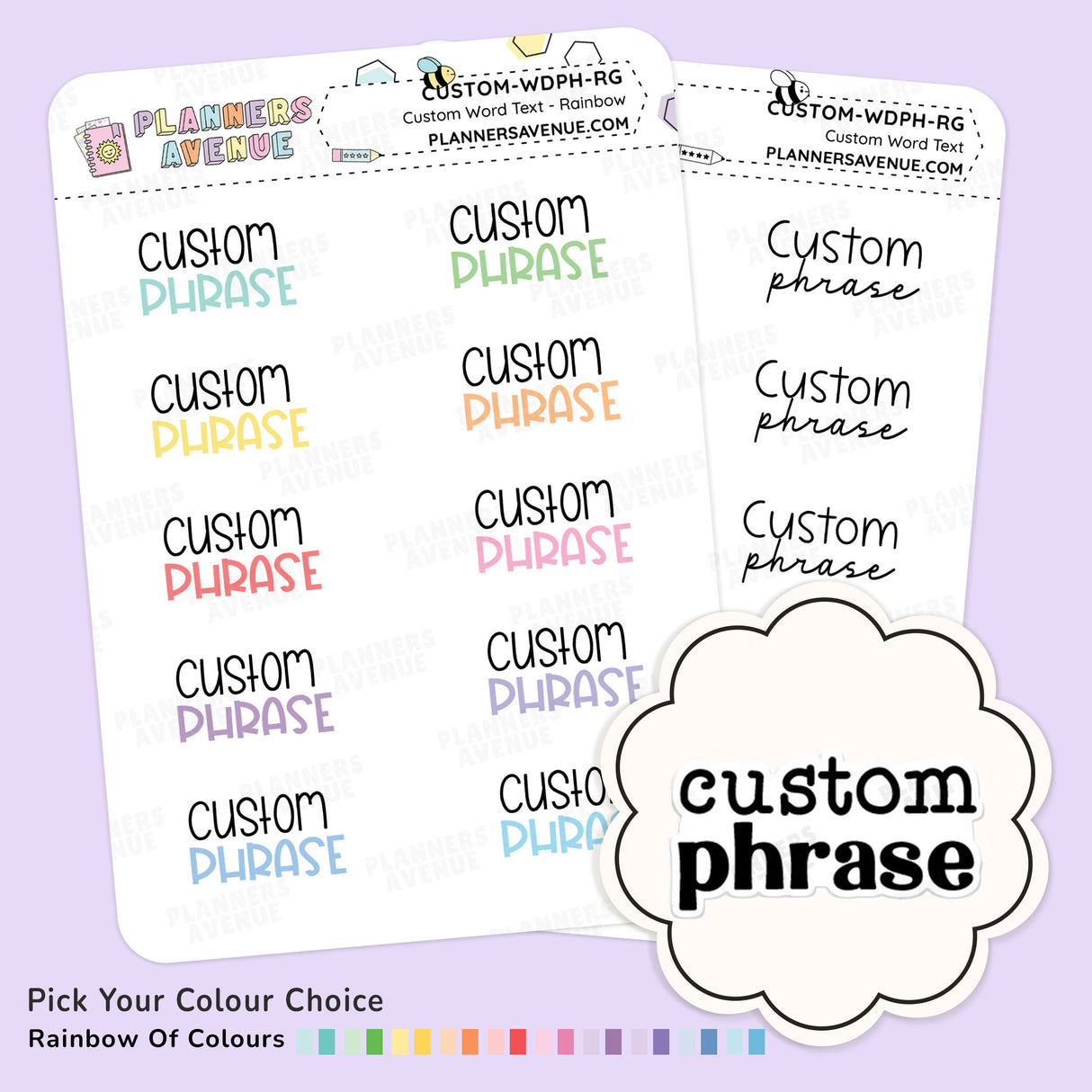 Custom Script Word Planner Stickers from Planner Avenue featuring the choice of text word n various colours, displayed on a light purple background.