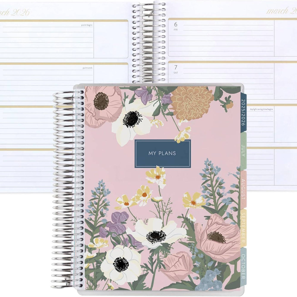 Erin Condren 7x9 Bouquet Horizontal Life Planner - 12-month Dated 2026 Jan - Dec Planner with floral design on the cover and sections for planning.