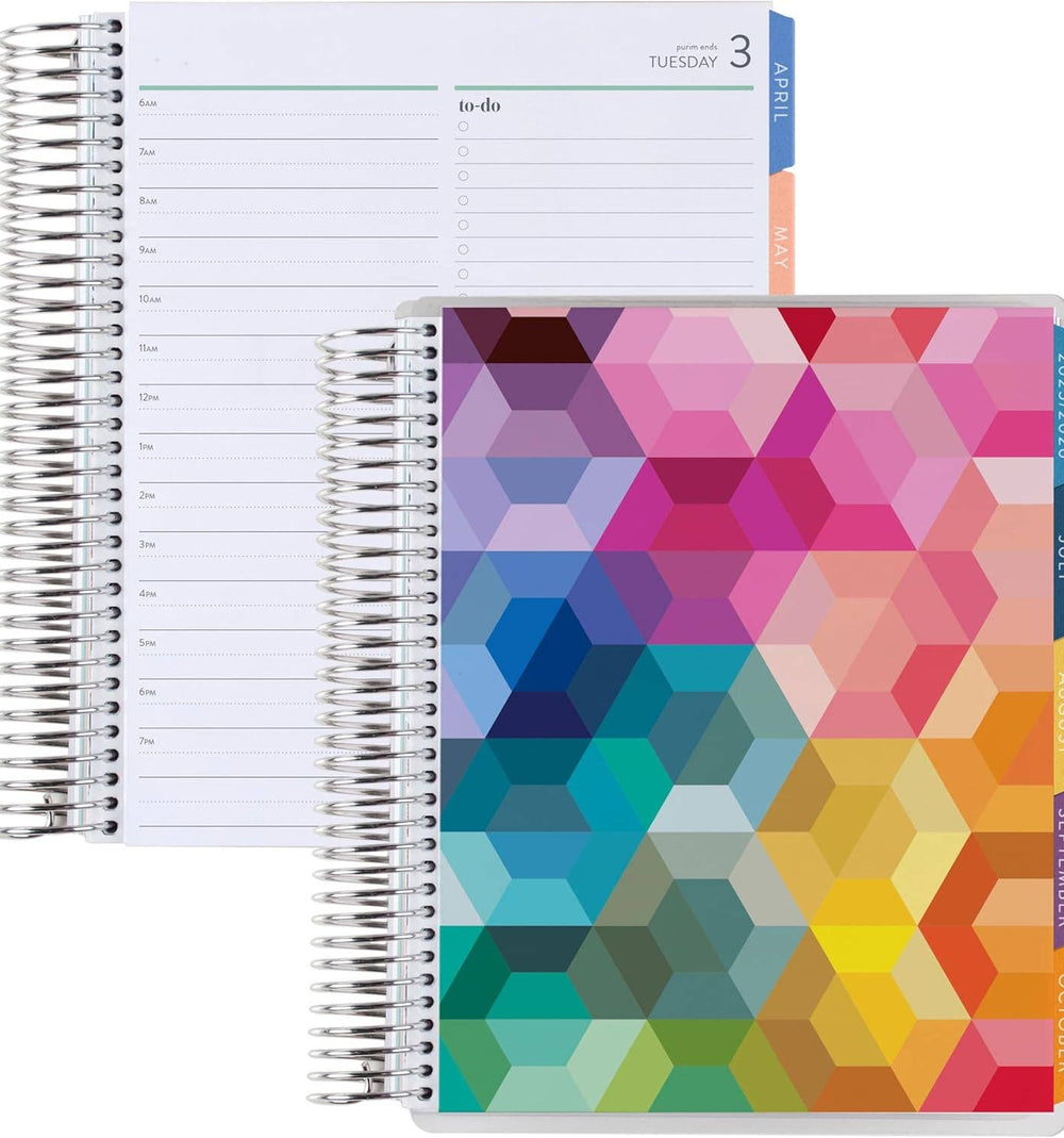 Erin Condren 7x9 Hexagon Daily Duo Planner - 12-month Dated 2026 Jan - Dec Spiral-bound planner with a colourful geometric cover on a white background