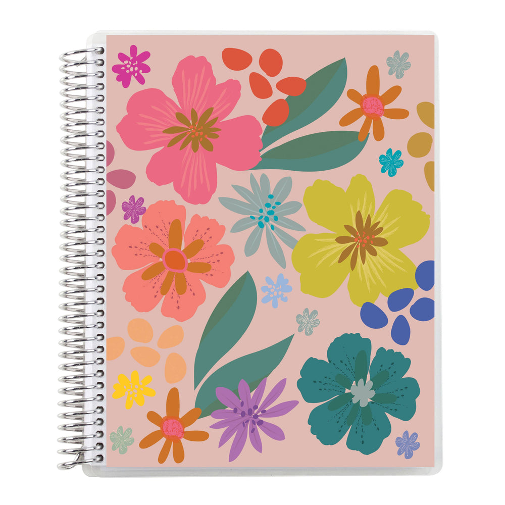 Erin Condren 7x9 Popping Petals Coiled Notebook - Lined notebook. Notebook with colorful floral design on a pink background