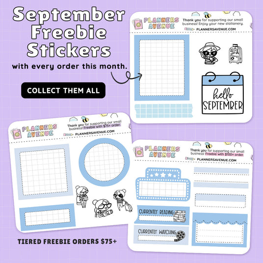 SeptemberFreebie planner stickers with every order at Planners Avenue, with planner-themed designs on a purple background