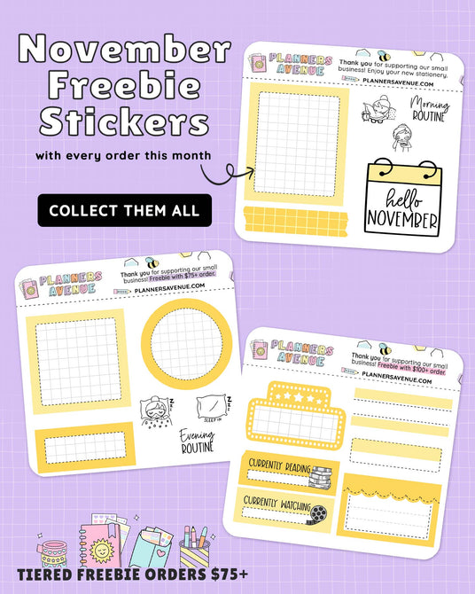 Freebie planner stickers with every order at Planners Avenue, with planner-themed designs on a purple background