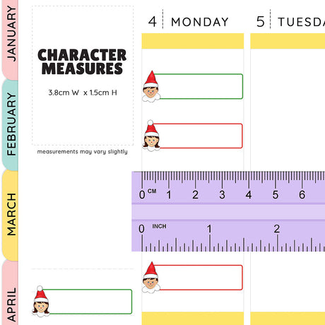 Christmas Elf Quarter Box Planner Stickers sizing guide chart