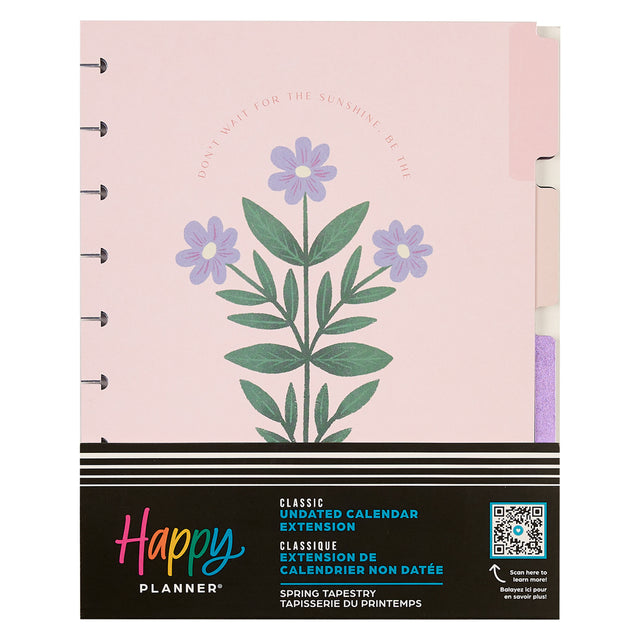 Happy Planner Spring Tapestry Classic Extension Pack - Undated Dashboard 6-months with floral design on a pink background
